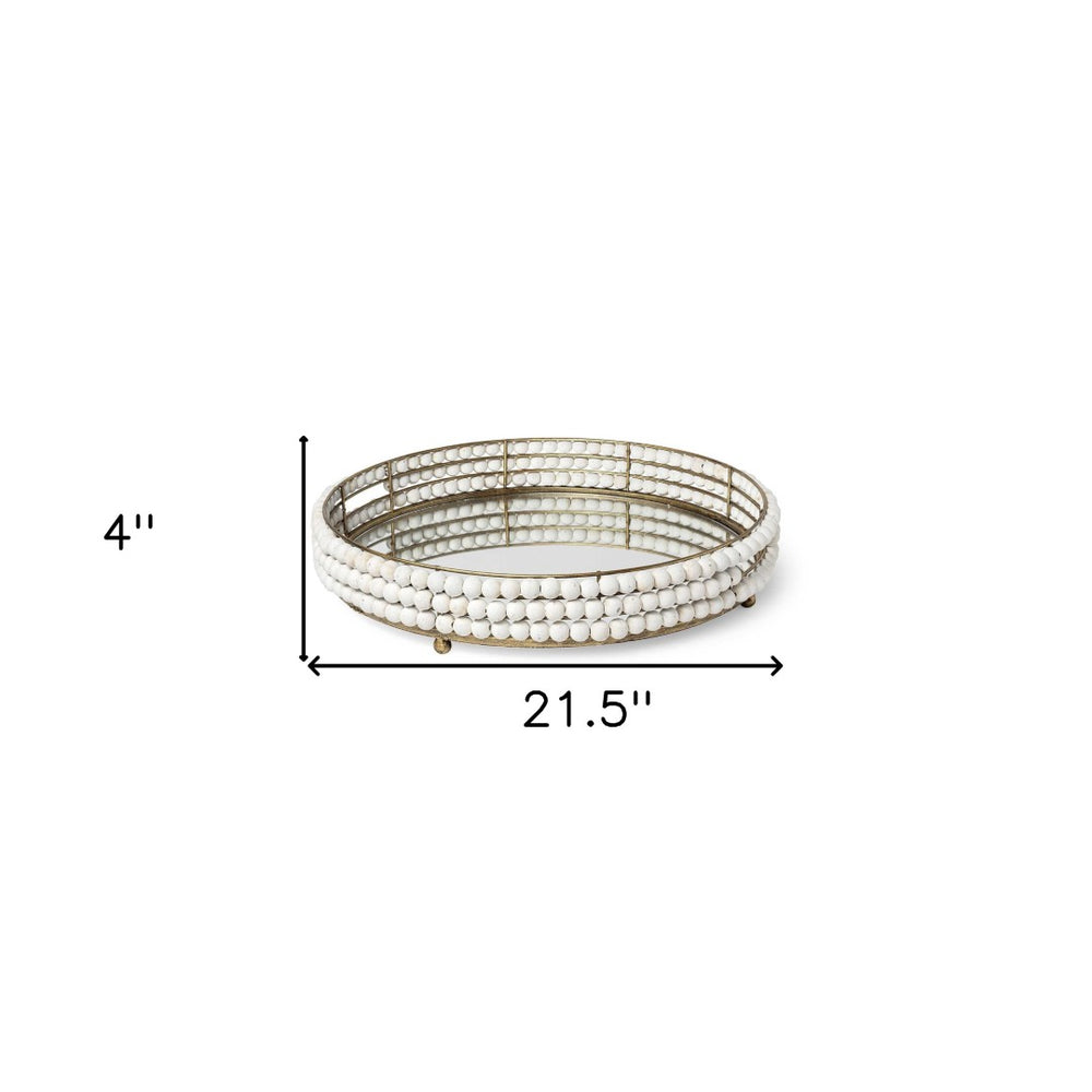 HomeRoots 22" Antiqued Gold Round Vanity Tray with Mirrored Glass, Rustic Wood Beads for Elegant Décor & Serving 376042
