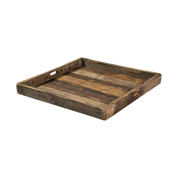 Homeroots 30" Brown Square Reclaimed Wood Serving Tray With Handles   376043