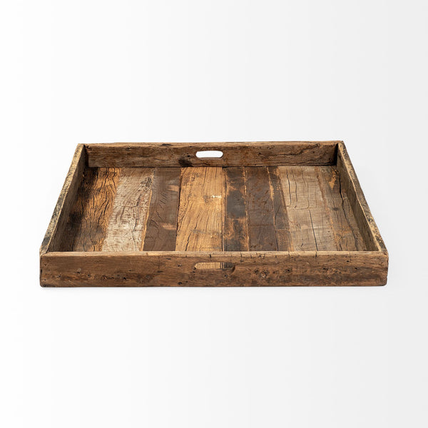 Homeroots 30" Brown Square Reclaimed Wood Serving Tray With Handles   376043