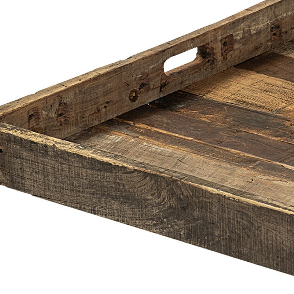 HomeRoots 30" Brown Square Reclaimed Wood Serving Tray – Rustic Charm with Handles for Serving & Display 376043