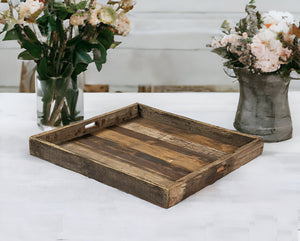 Homeroots 30" Brown Square Reclaimed Wood Serving Tray With Handles   376043