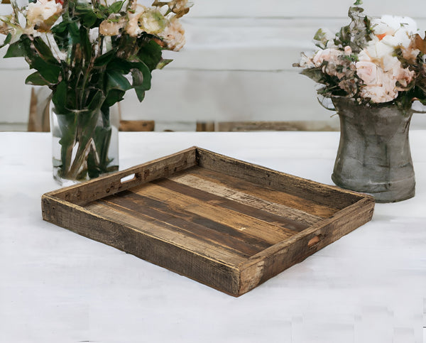 Homeroots 30" Brown Square Reclaimed Wood Serving Tray With Handles   376043