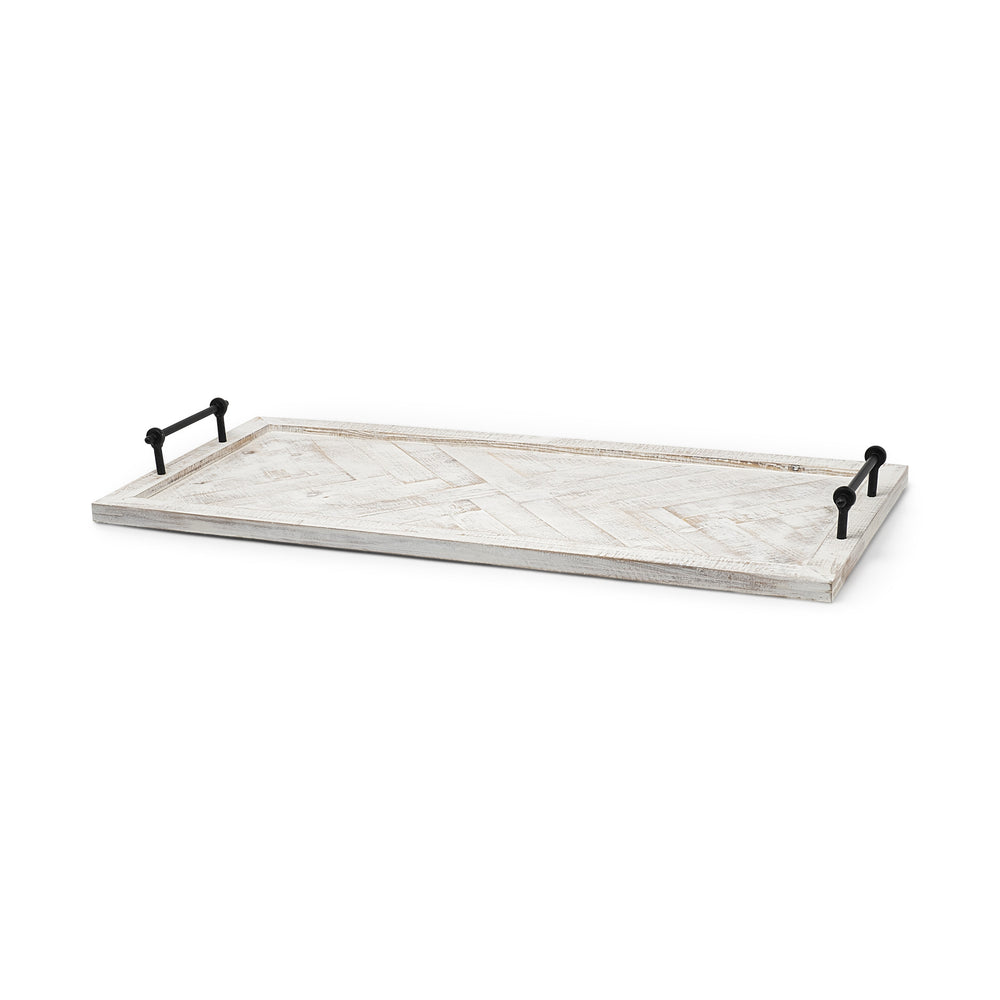 Homeroots 35" White And Natural Wood Indoor Outdoor Tray With Handles   376044