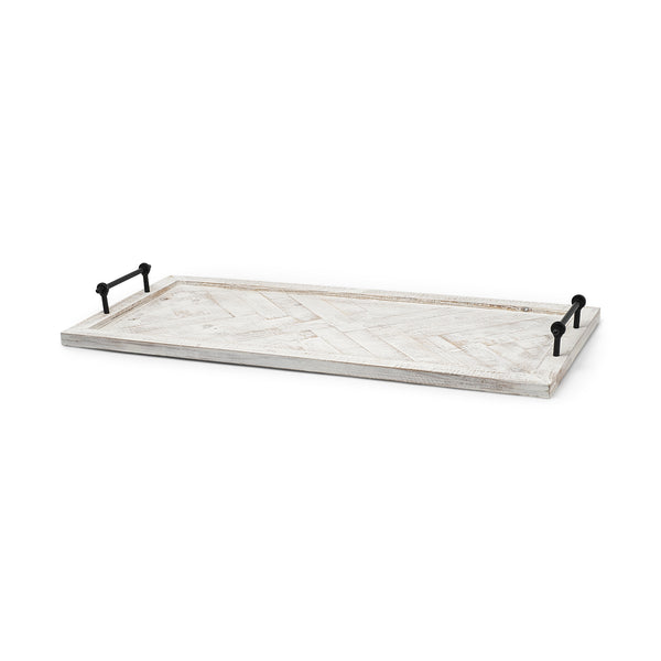 Homeroots 35" White And Natural Wood Indoor Outdoor Tray With Handles   376044