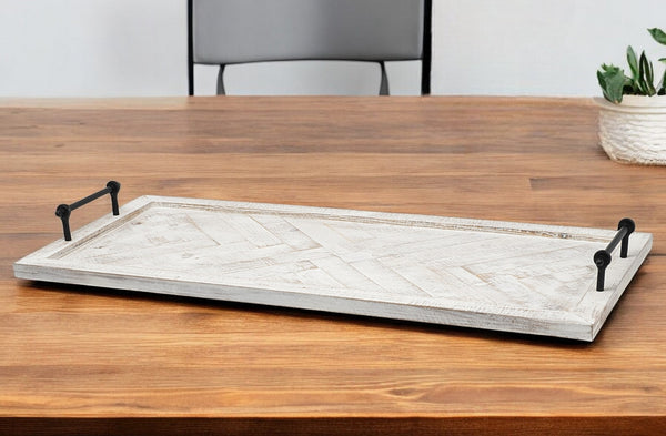 Homeroots 35" White And Natural Wood Indoor Outdoor Tray With Handles   376044