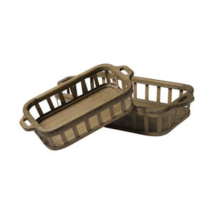 Homeroots Set Of Two Brown Wood Indoor Outdoor Tray With Handles   376048