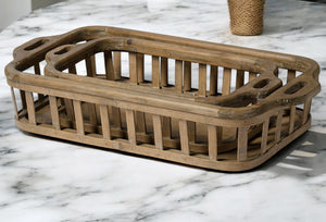 Homeroots Set Of Two Brown Wood Indoor Outdoor Tray With Handles   376048