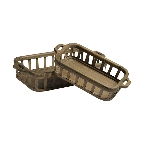 Homeroots Set Of Two Brown Wood Indoor Outdoor Tray With Handles   376048