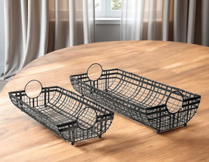HomeRoots Set of Two Gray Metal Serving Trays with Handles - Versatile Indoor/Outdoor Decor for Any Occasion 376049