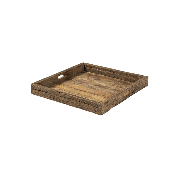 Homeroots 24" Brown Square Reclaimed Wood Tray With Handles   376050