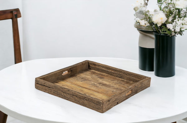 Homeroots 24" Brown Square Reclaimed Wood Tray With Handles   376050