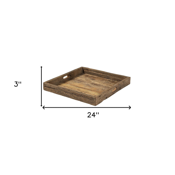 Homeroots 24" Brown Square Reclaimed Wood Tray With Handles   376050