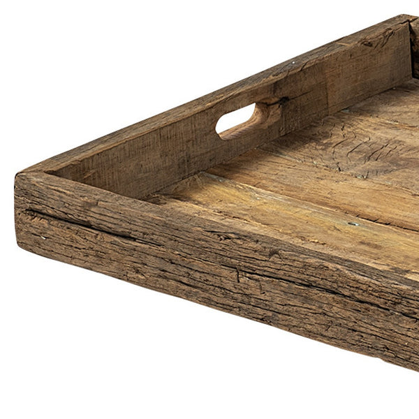 Homeroots 24" Brown Square Reclaimed Wood Tray With Handles   376050