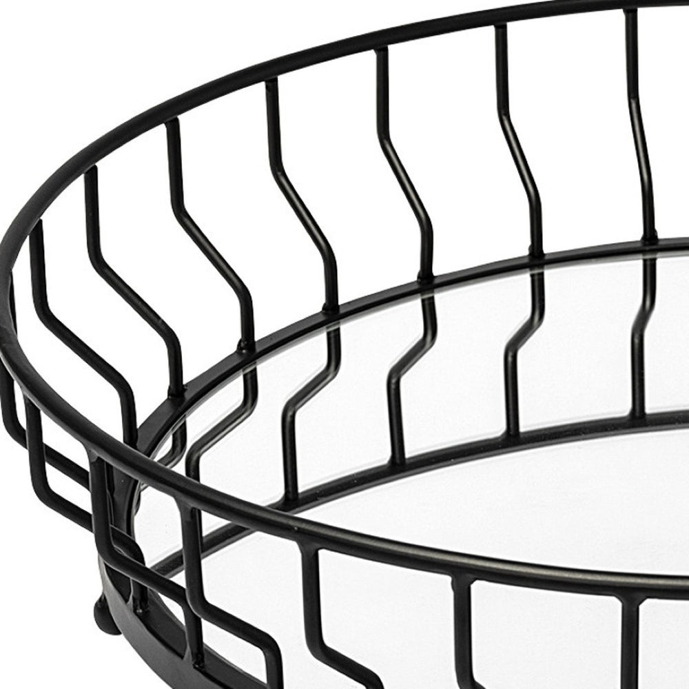 HomeRoots 20" Elegant Black Round Metal Serving Tray with Mirrored Base & Side Handles for Any Occasion 376051