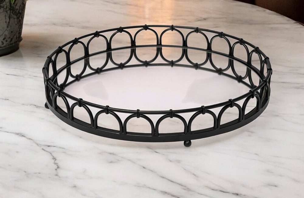 Homeroots 20" Black Round Metal Indoor Outdoor Serving Tray With Handles   376052