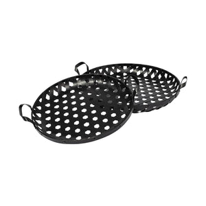Homeroots Set Of Two Black Round Metal Indoor Outdoor Tray With Handles   376053