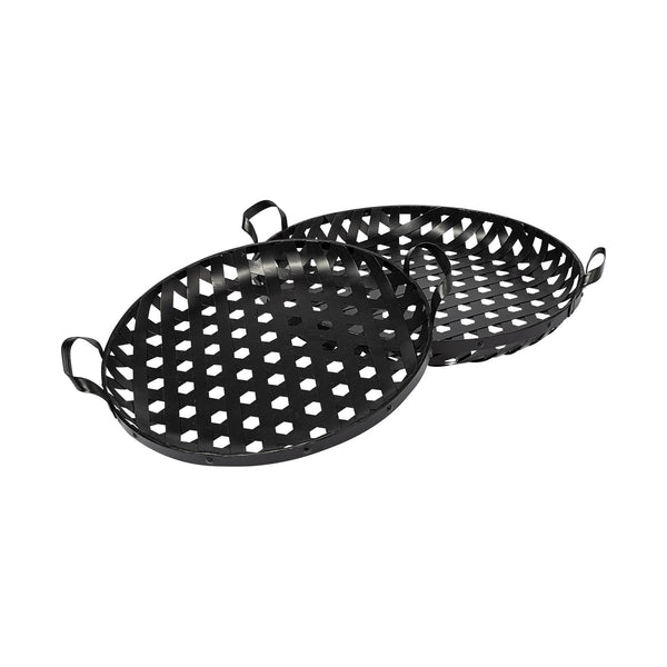 Homeroots Set Of Two Black Round Metal Indoor Outdoor Tray With Handles   376053