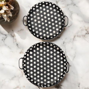 HomeRoots Set of Two Elegant Black Round Metal Trays with Handles for Indoor and Outdoor Entertaining 376053