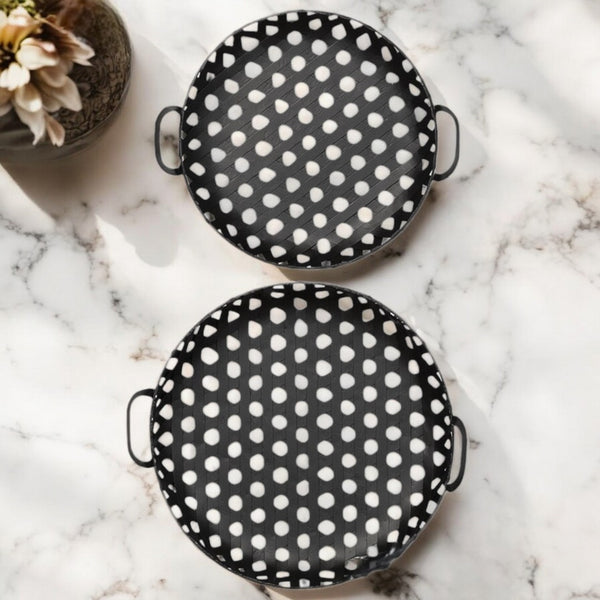 HomeRoots Set of Two Elegant Black Round Metal Trays with Handles for Indoor and Outdoor Entertaining 376053