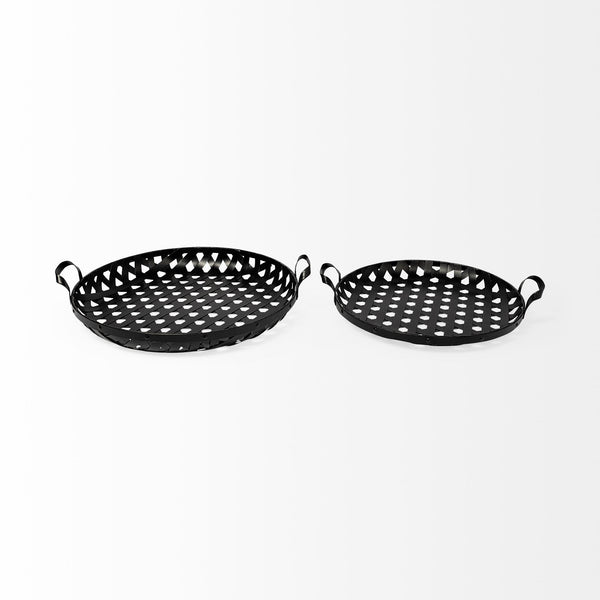 Homeroots Set Of Two Black Round Metal Indoor Outdoor Tray With Handles   376053