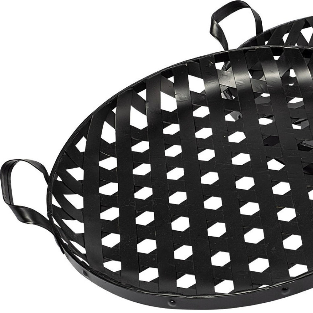 HomeRoots Set of Two Elegant Black Round Metal Trays with Handles for Indoor and Outdoor Entertaining 376053
