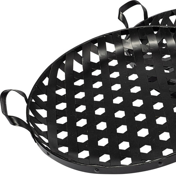 Homeroots Set Of Two Black Round Metal Indoor Outdoor Tray With Handles   376053