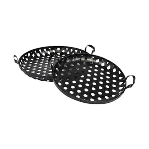 Homeroots Set Of Two Black Round Metal Indoor Outdoor Tray With Handles   376053