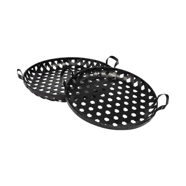 Homeroots Set Of Two Black Round Metal Indoor Outdoor Tray With Handles   376053