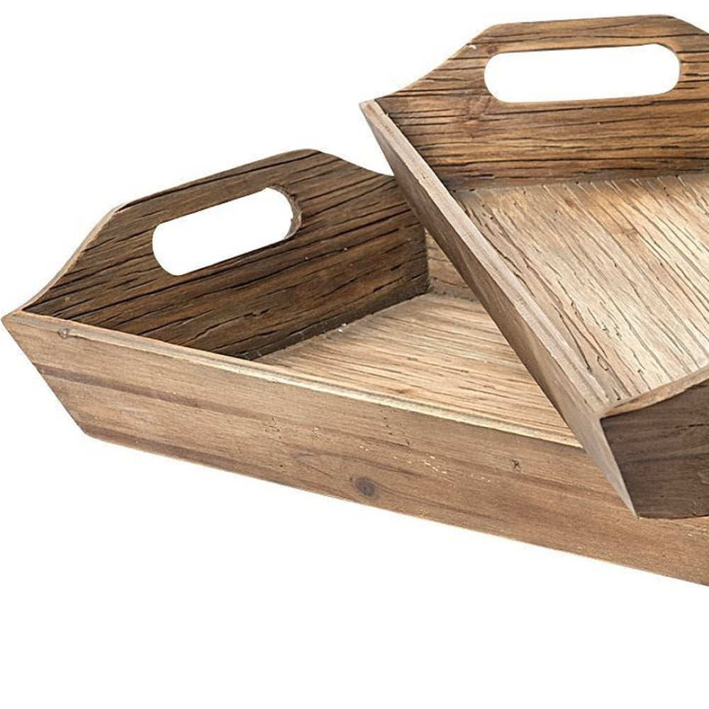 HomeRoots Set of 2 Rustic Natural Brown Wood Trays with Handles – Perfect for Serving, Organizing & Gifting! 376054