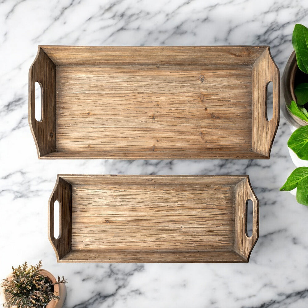 Homeroots Set Of 2 Natural Brown Wood With Grains And Knots Highlight Trays   376054