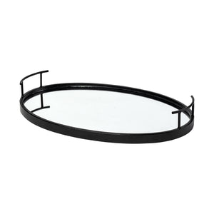 Homeroots Matte Black Metal With Two Handle Both Sides And Mirrored Glass Bottom Tray   376055