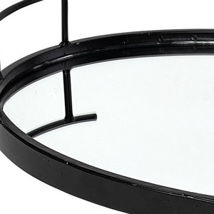 Homeroots Matte Black Metal With Two Handle Both Sides And Mirrored Glass Bottom Tray   376055