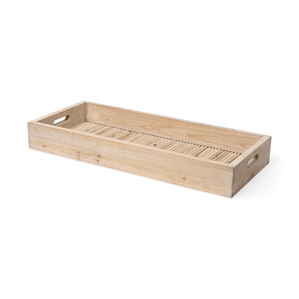 Homeroots 28" Natural Wood Indoor Outdoor Tray With Handles   376056