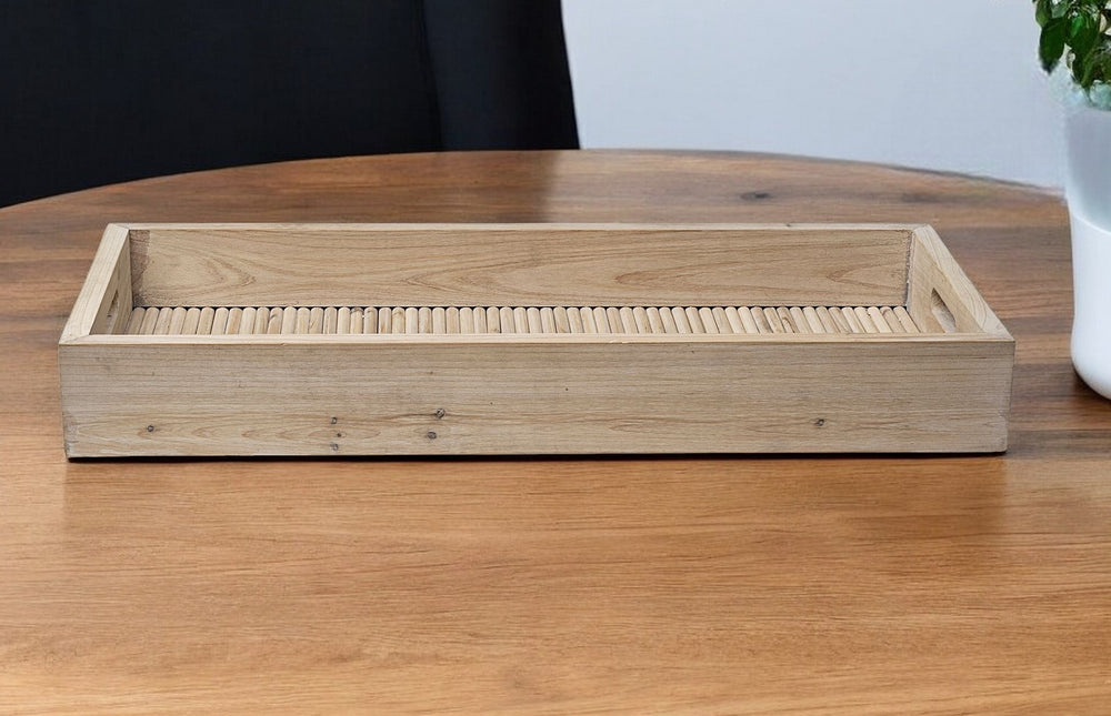 Homeroots 28" Natural Wood Indoor Outdoor Tray With Handles   376056