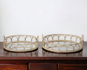 Homeroots Set Of Two Brown Round Wood Indoor Outdoor Vanity Tray With Handles   376057