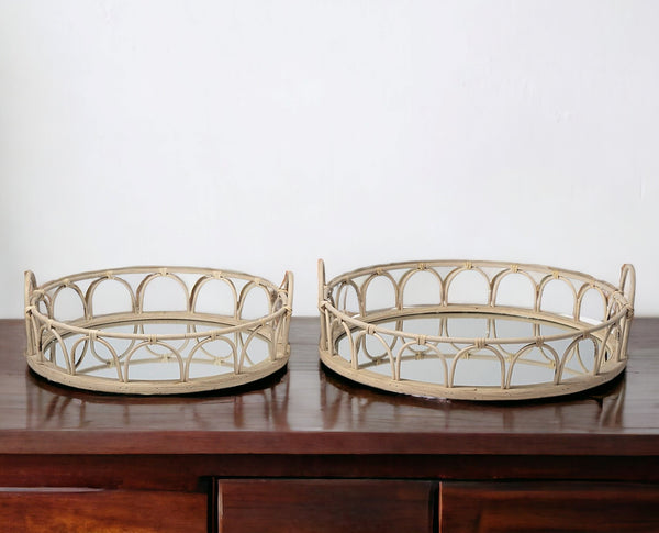 Homeroots Set Of Two Brown Round Wood Indoor Outdoor Vanity Tray With Handles   376057