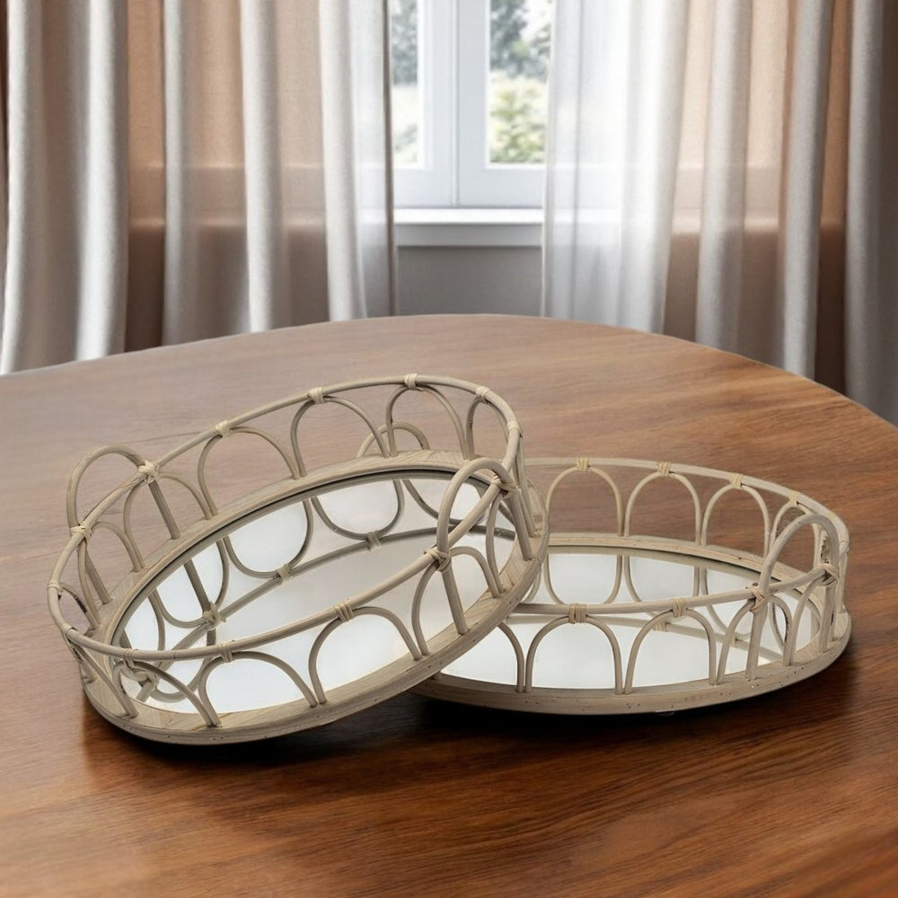 HomeRoots Set of Two Elegant Round Wooden Vanity Trays with Handles for Indoor and Outdoor Use, Food-Safe 376057