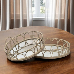 HomeRoots Set of Two Elegant Round Wooden Vanity Trays with Handles for Indoor and Outdoor Use, Food-Safe 376057