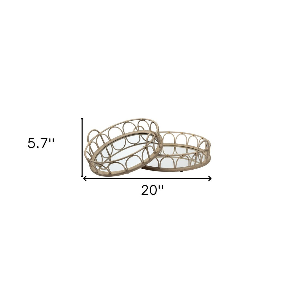 HomeRoots Set of Two Elegant Round Wooden Vanity Trays with Handles for Indoor and Outdoor Use, Food-Safe 376057