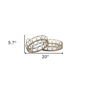 Homeroots Set Of Two Brown Round Wood Indoor Outdoor Vanity Tray With Handles   376057