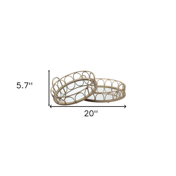 Homeroots Set Of Two Brown Round Wood Indoor Outdoor Vanity Tray With Handles   376057