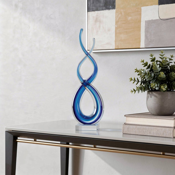 HomeRoots 20" Murano Glass Tabletop Sculpture - Elegant Clear & Blue Modern Abstract Art for Home Décor Design 376066
