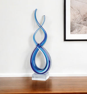 HomeRoots 14" Murano Glass Modern Abstract Tabletop Sculpture - Handcrafted Blue & Clear Artistry for Home Décor 376068