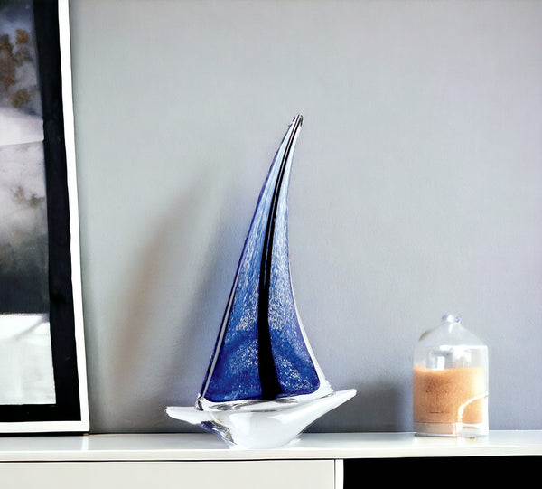 Homeroots 9" Clear And Blue Murano Glass Modern Abstract Tabletop Sculpture  Murano Glass 376073