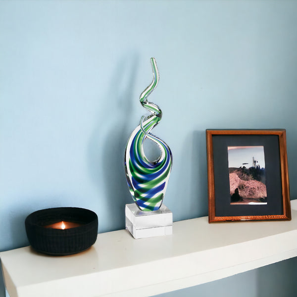 Homeroots 14" Clear Blue And Green Murano Glass Modern Abstract Tabletop Sculpture  Murano Glass 376074