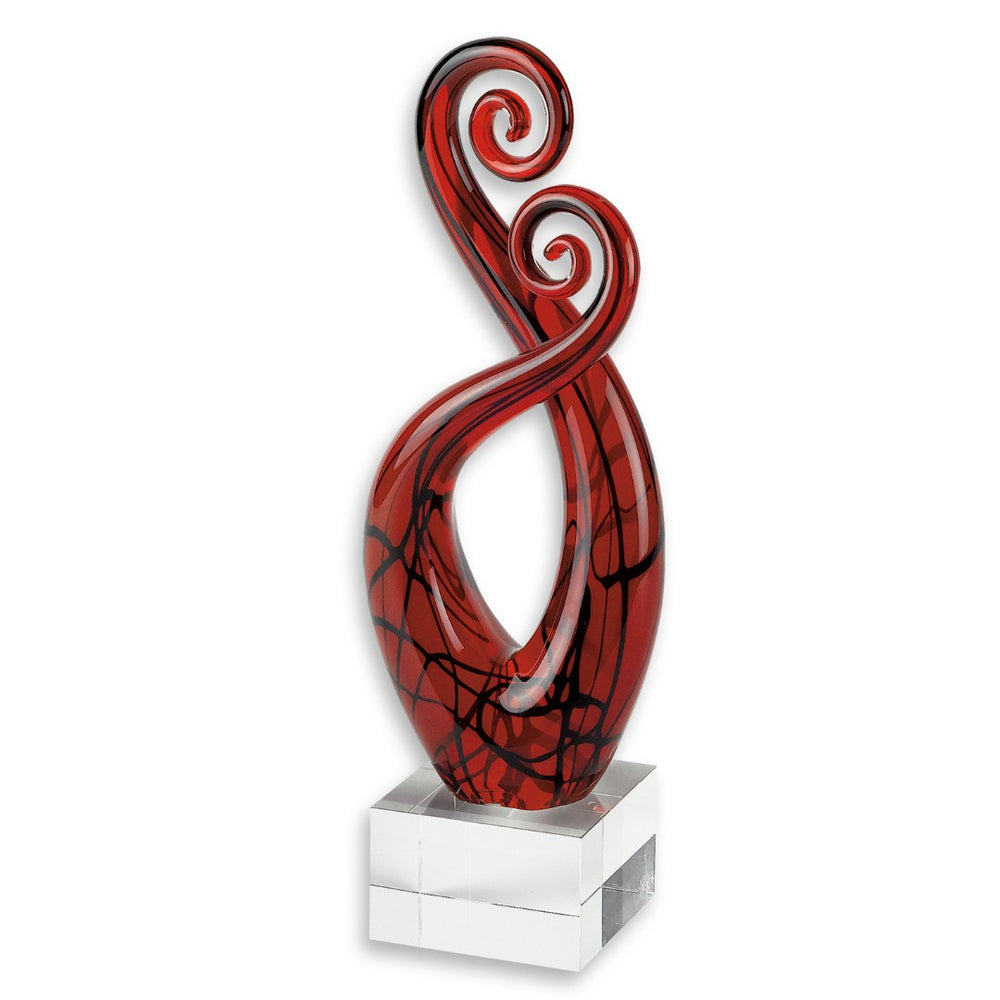 HomeRoots 13" Murano Glass Tabletop Sculpture – Handcrafted Abstract Art in Clear Burgundy & Black Elegance 376075