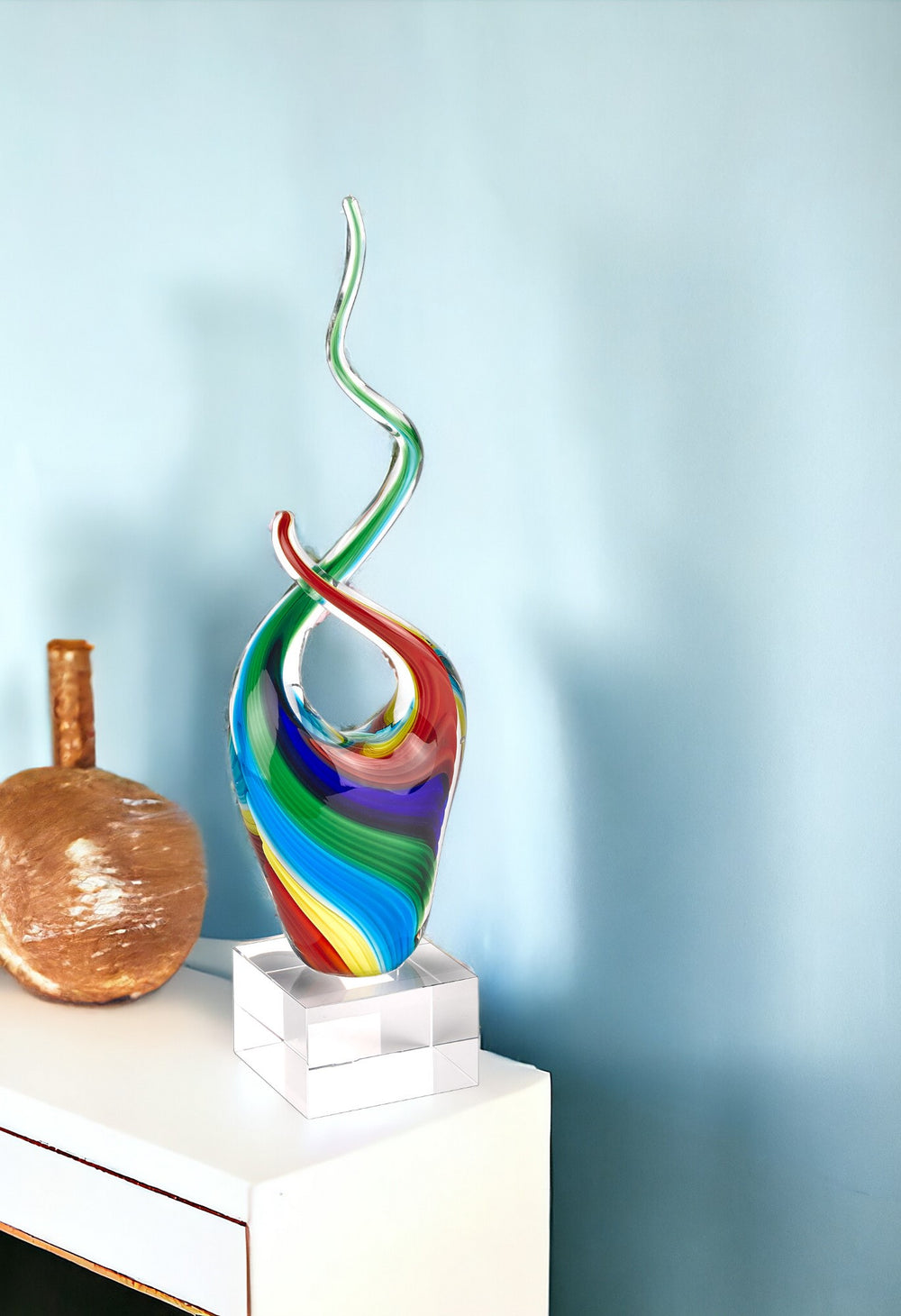 Homeroots 14" Clear Red Blue Yellow Murano Glass Modern Abstract Tabletop Sculpture  Murano Glass 376076