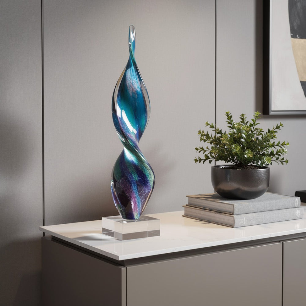 HomeRoots 18" Murano Glass Tabletop Sculpture in Blue & Green - Stunning Modern Abstract Art for Your Home 376077