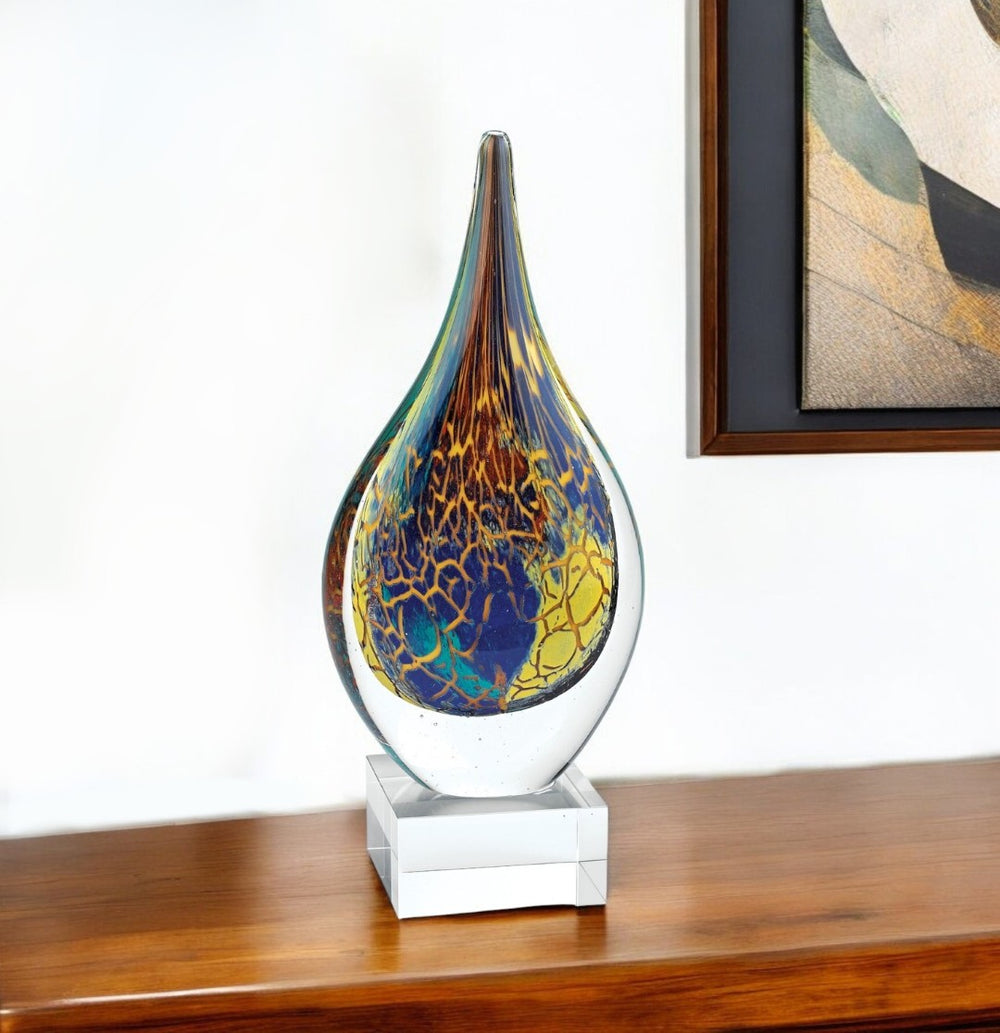 HomeRoots 13" Vibrant Blue and Yellow Murano Glass Modern Abstract Sculpture for Unique Home Décor Accents 376083