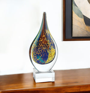 HomeRoots 13" Vibrant Blue and Yellow Murano Glass Modern Abstract Sculpture for Unique Home Décor Accents 376083